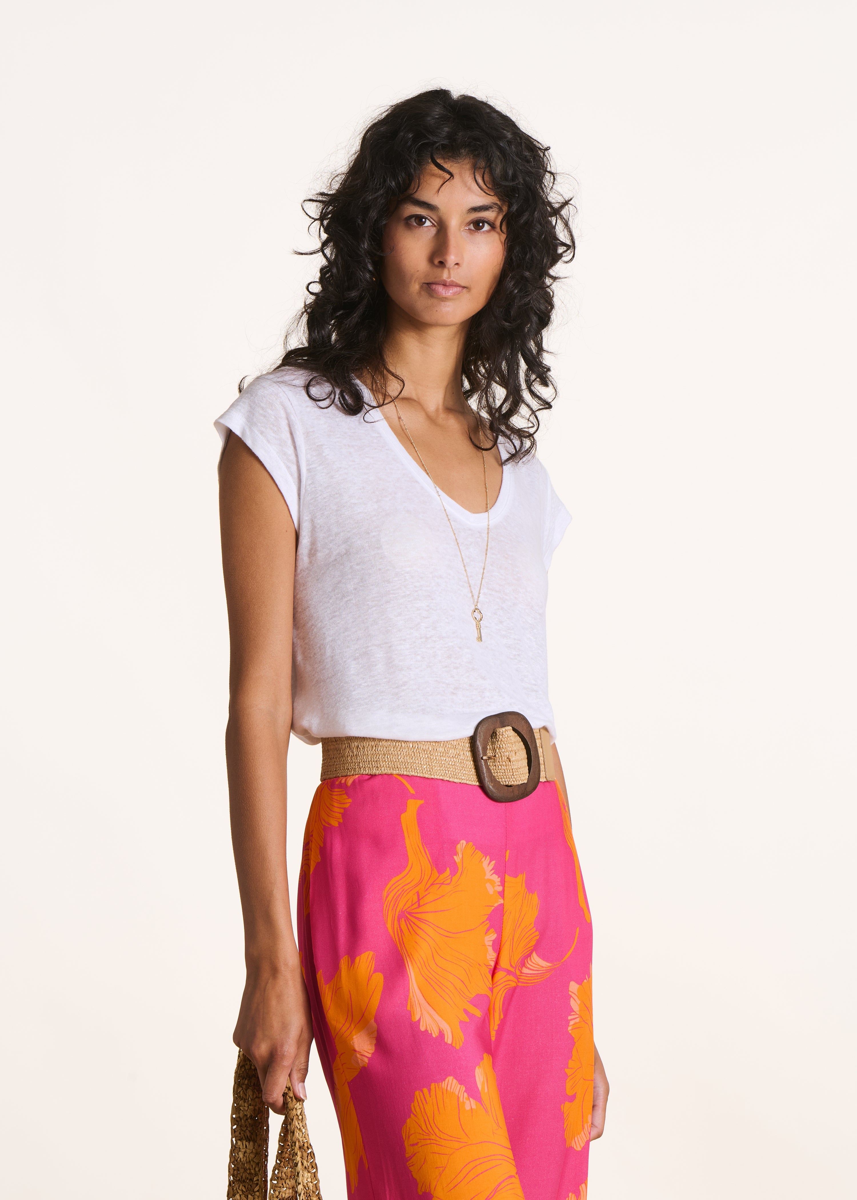 T-shirt blanc en lin manches courtes