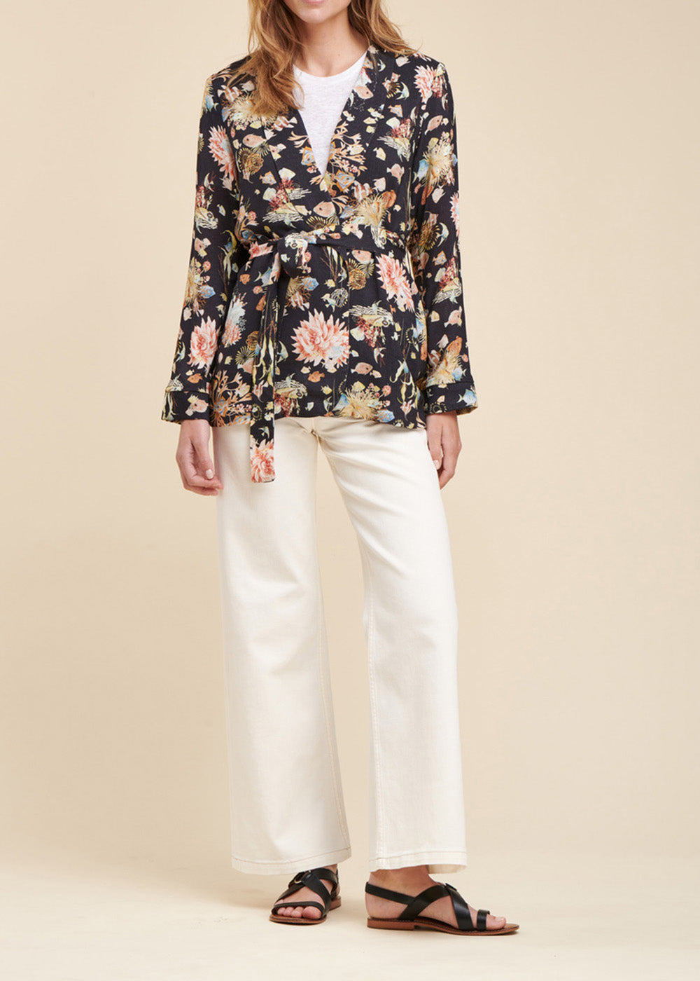 Veste fluide imprimée en viscose flammée à imprimé végétal