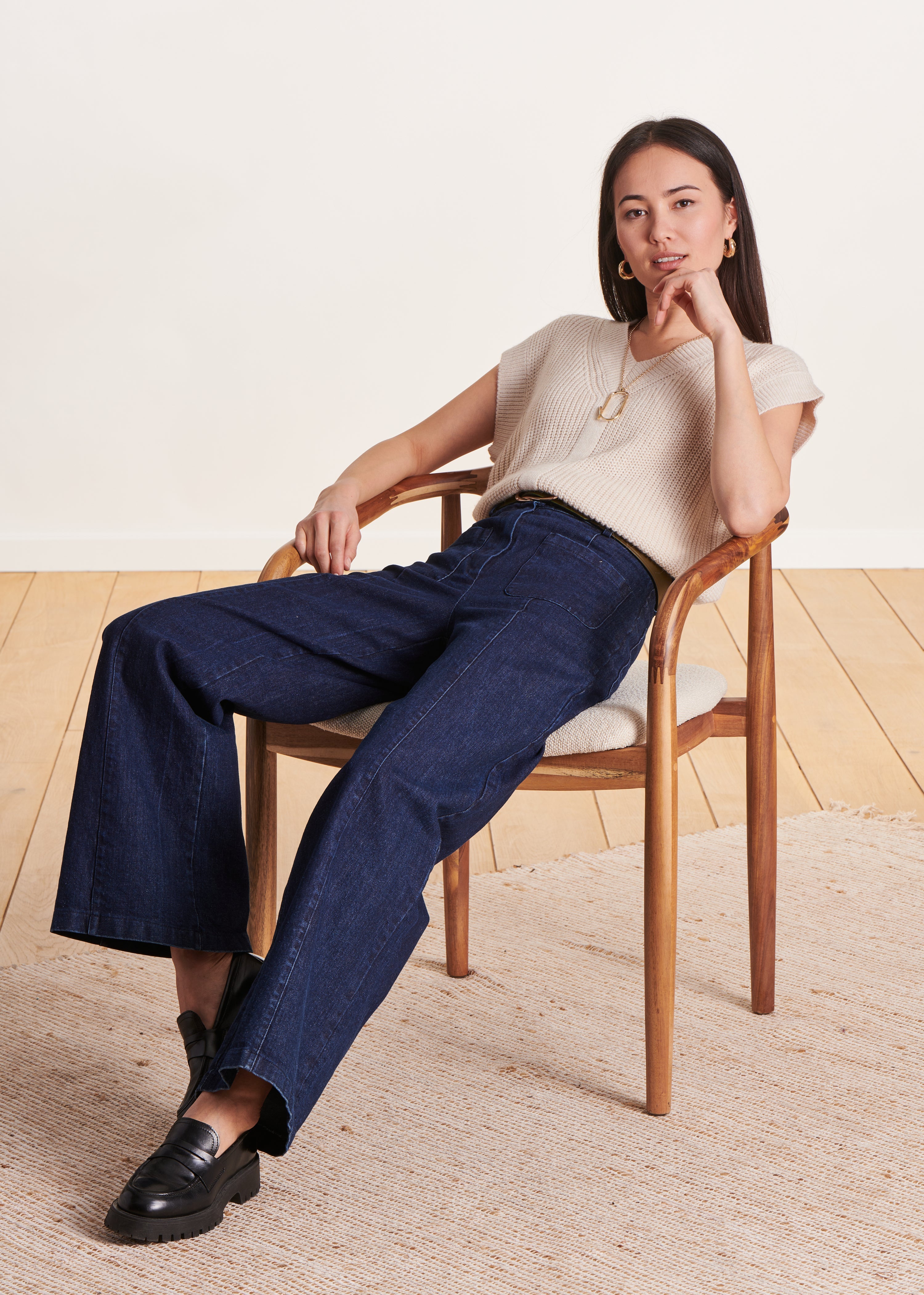 Pull écru sans manches en maille côtes perlées