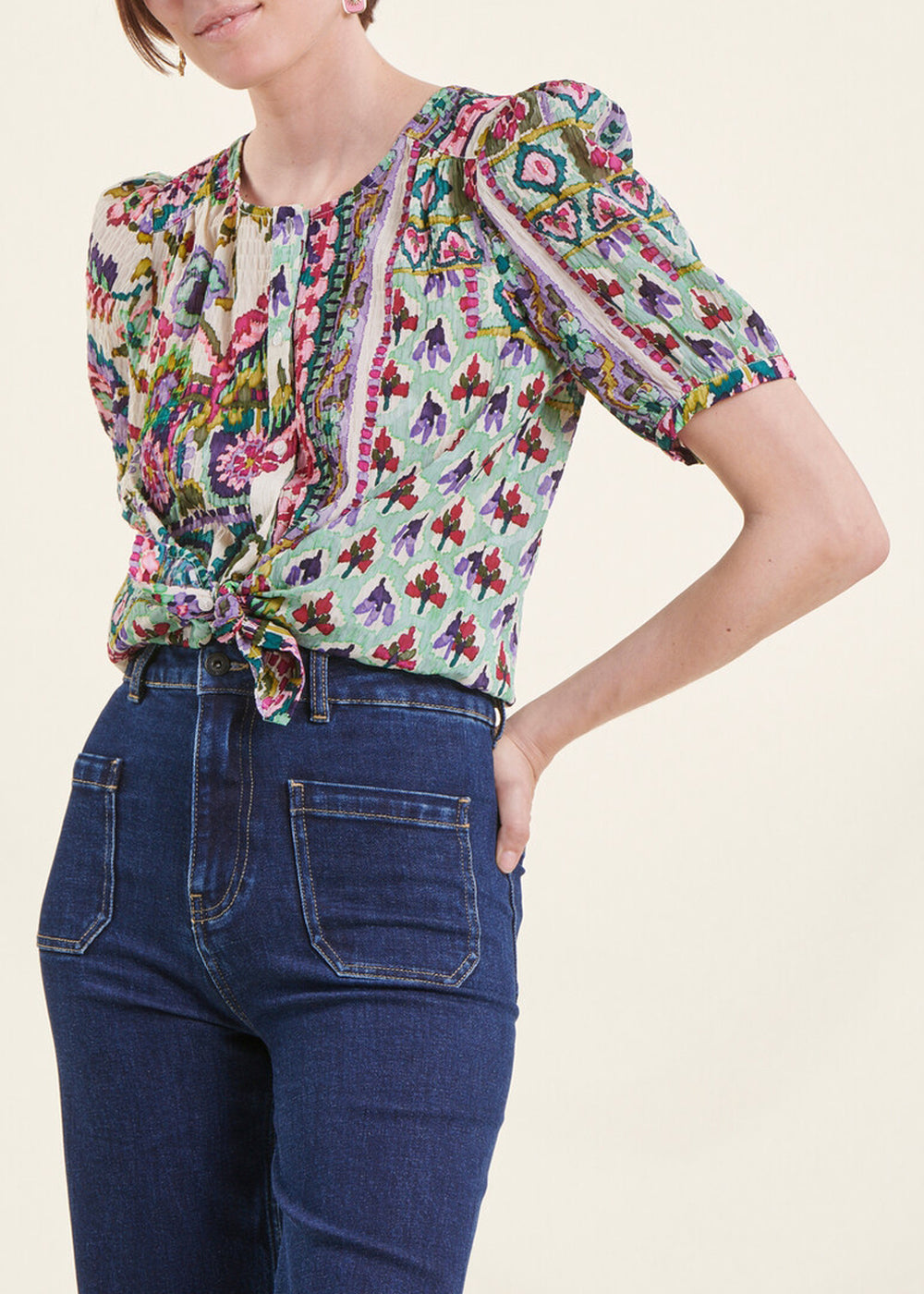 Chemise vert d'eau à fleurs manches courtes