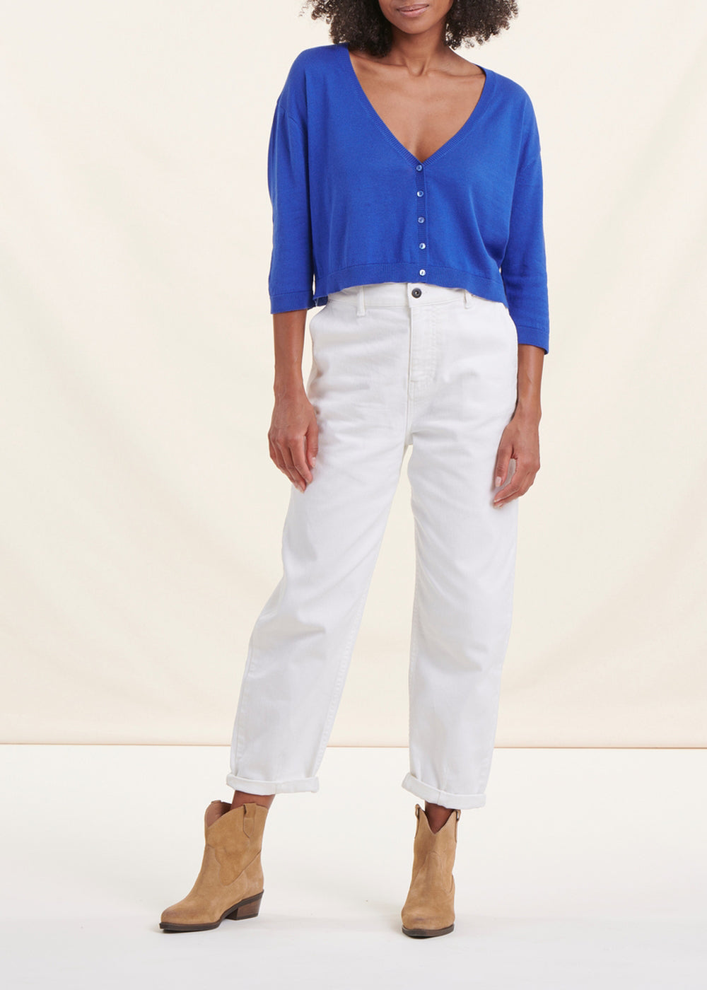 Gilet court bleu roi manches longues col V