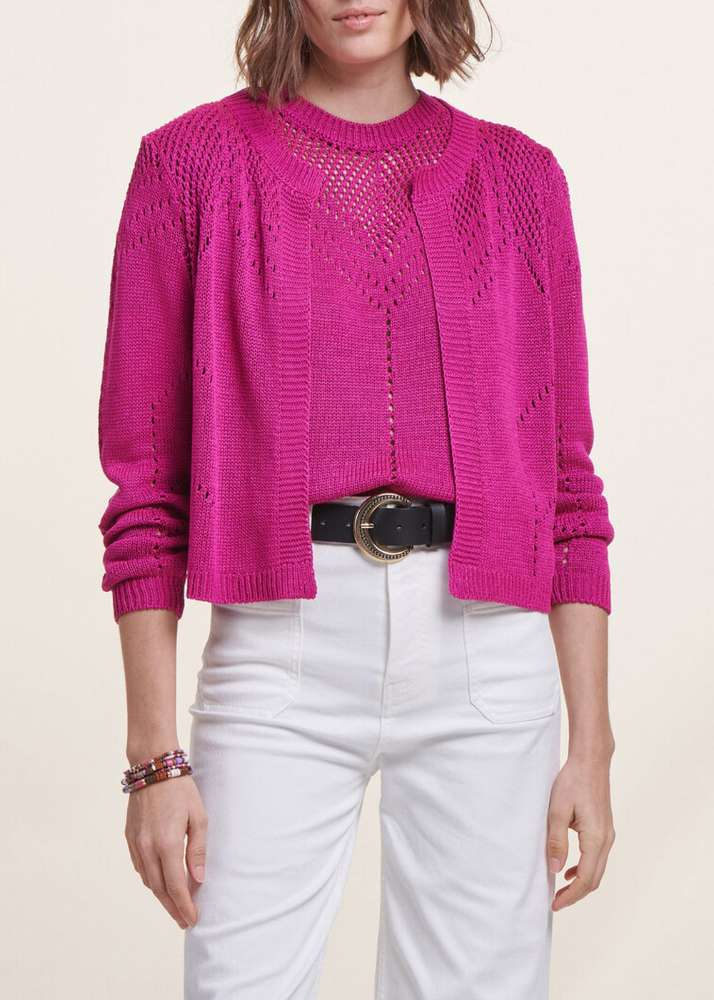 Gilet rose fuchsia manches longues encolure ronde