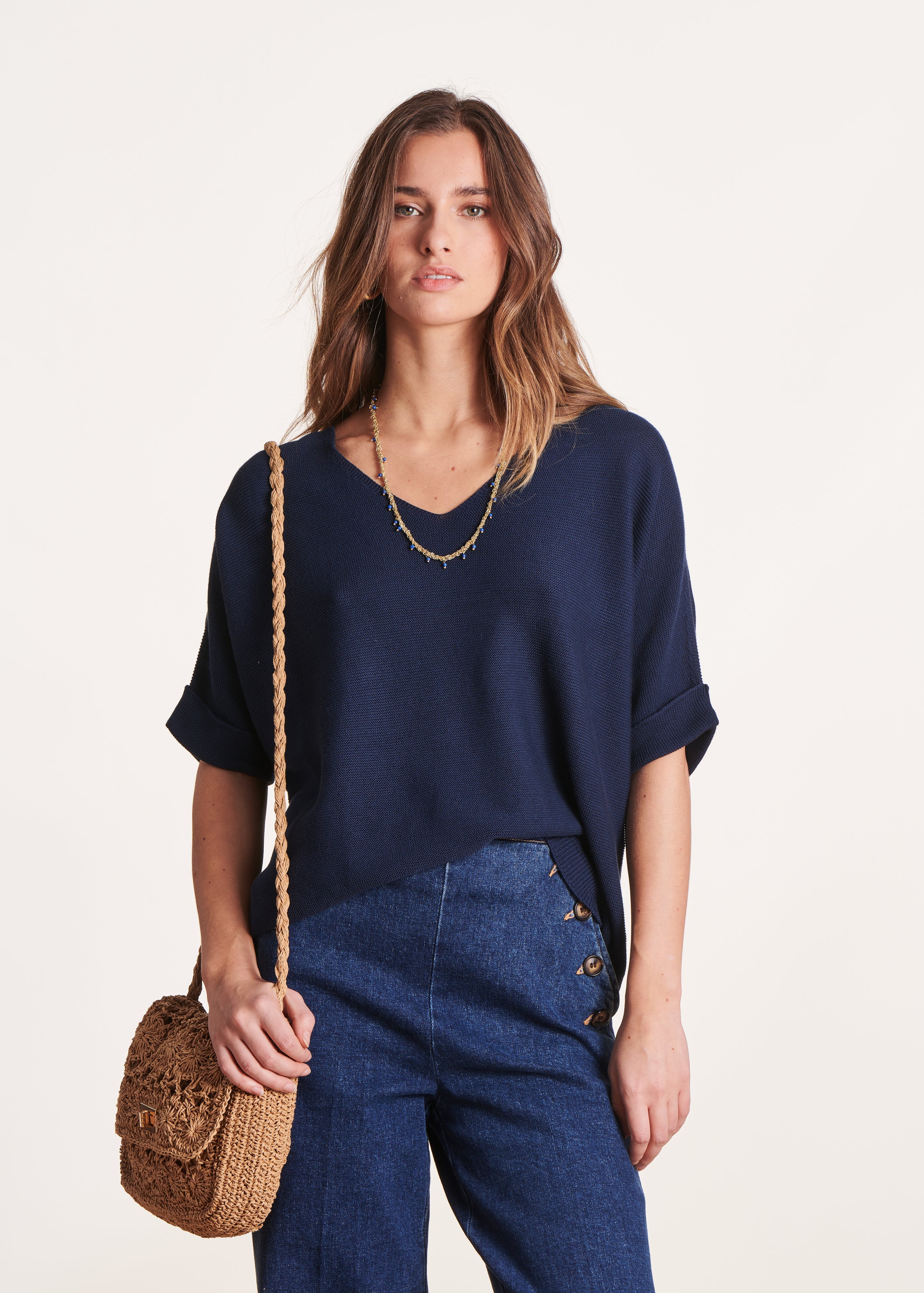 Pull bleu marine manches courtes col V