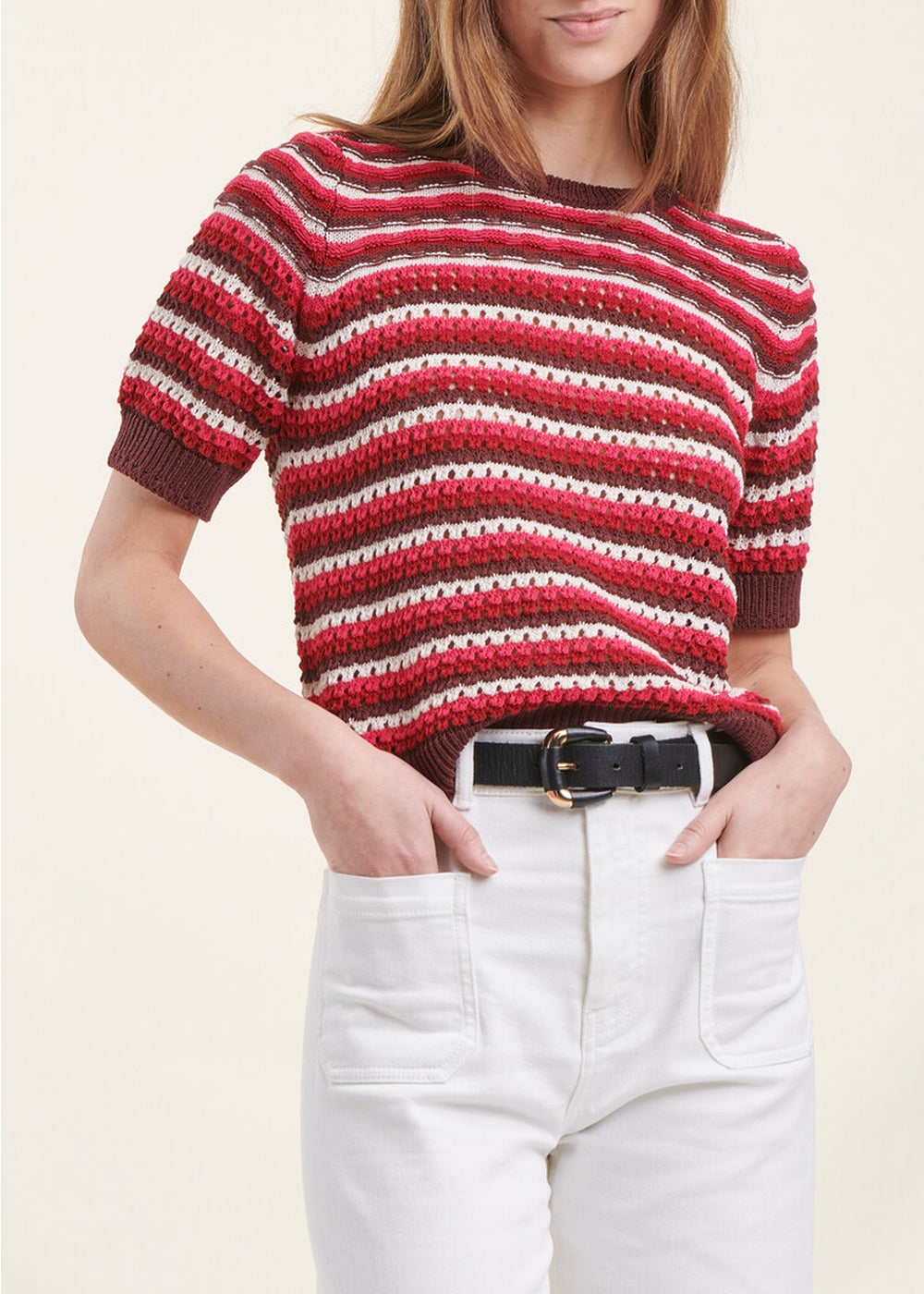 Pull rayé manches courtes encolure ronde
