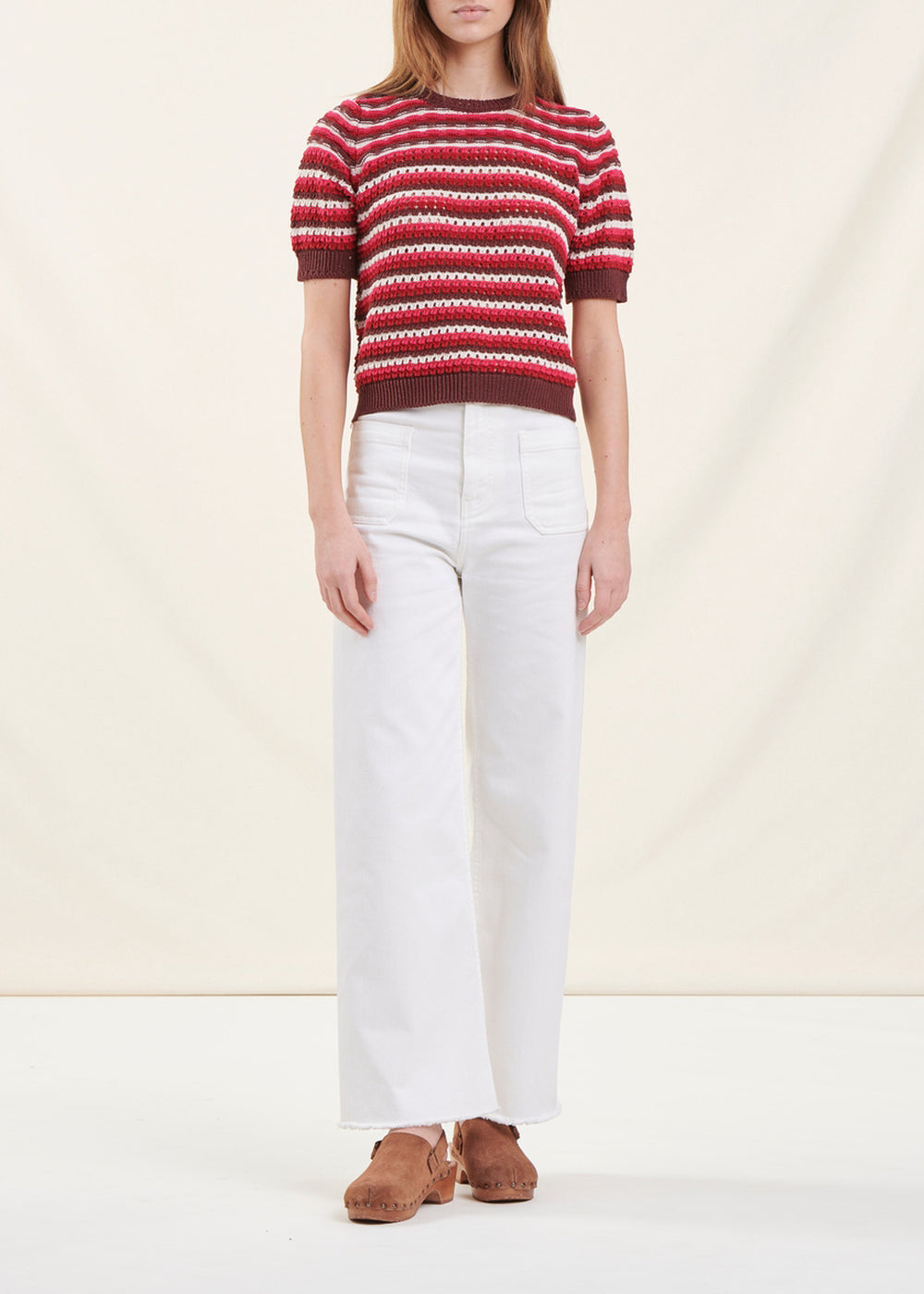 Pull rayé manches courtes encolure ronde