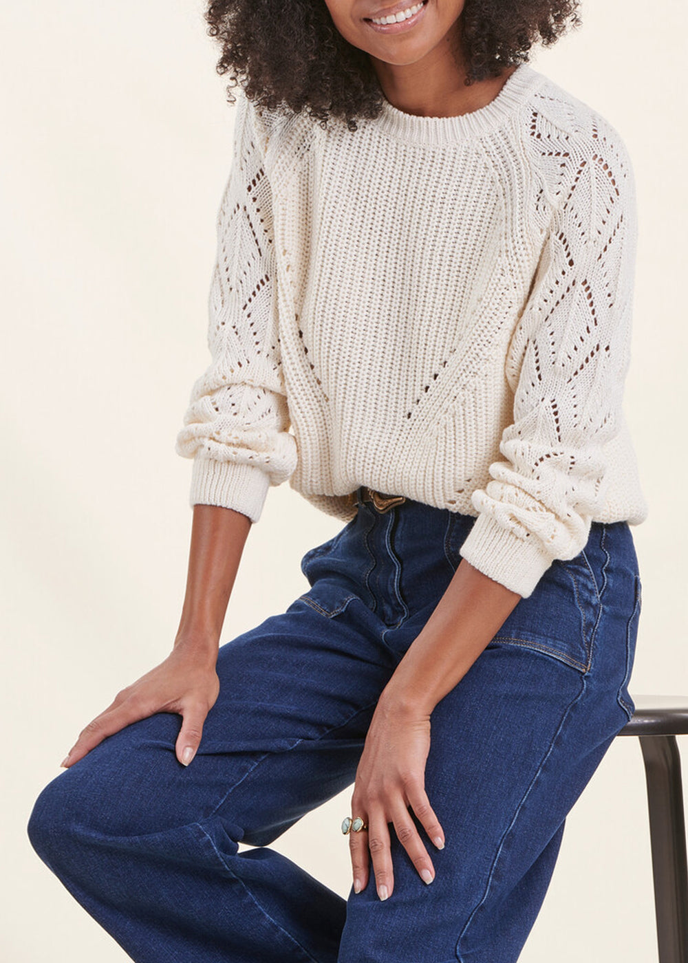 Pull écru manches longues encolure ronde