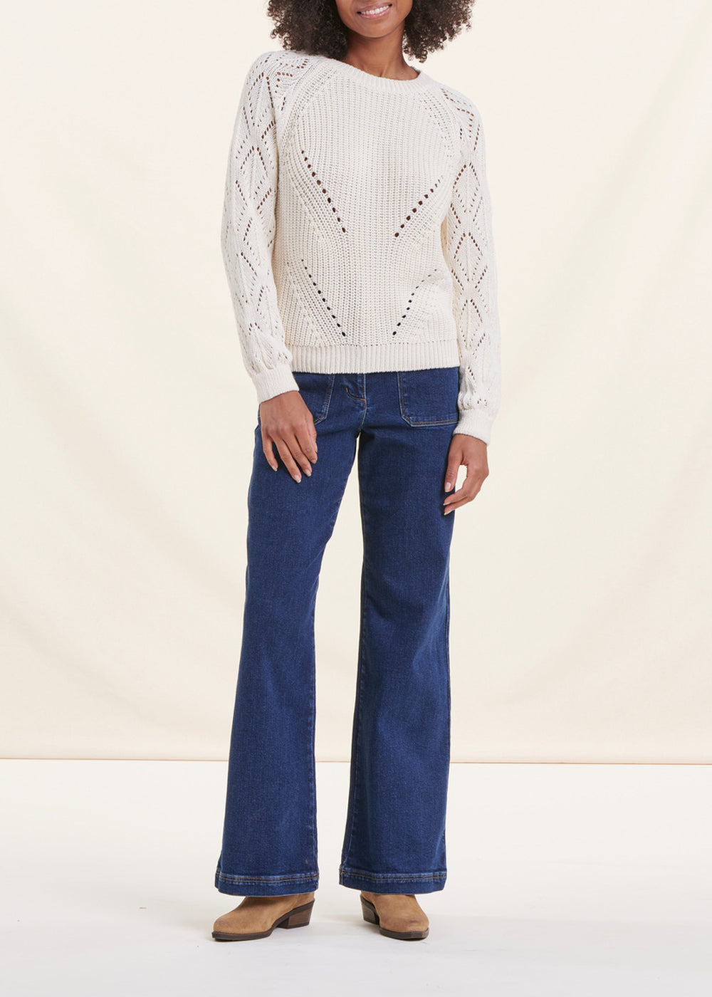 Pull écru manches longues encolure ronde