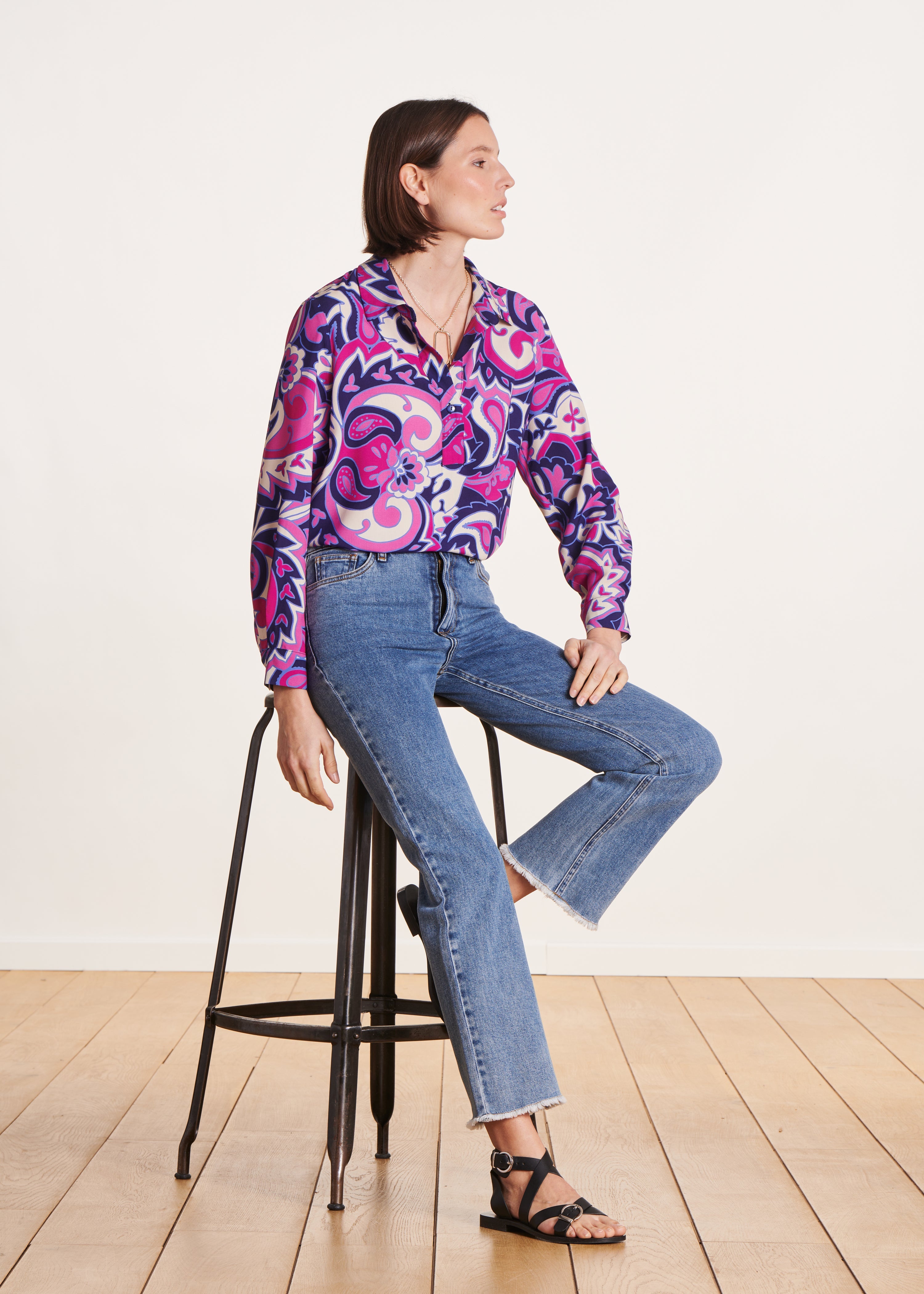 Top rose ample manches longues à imprimé