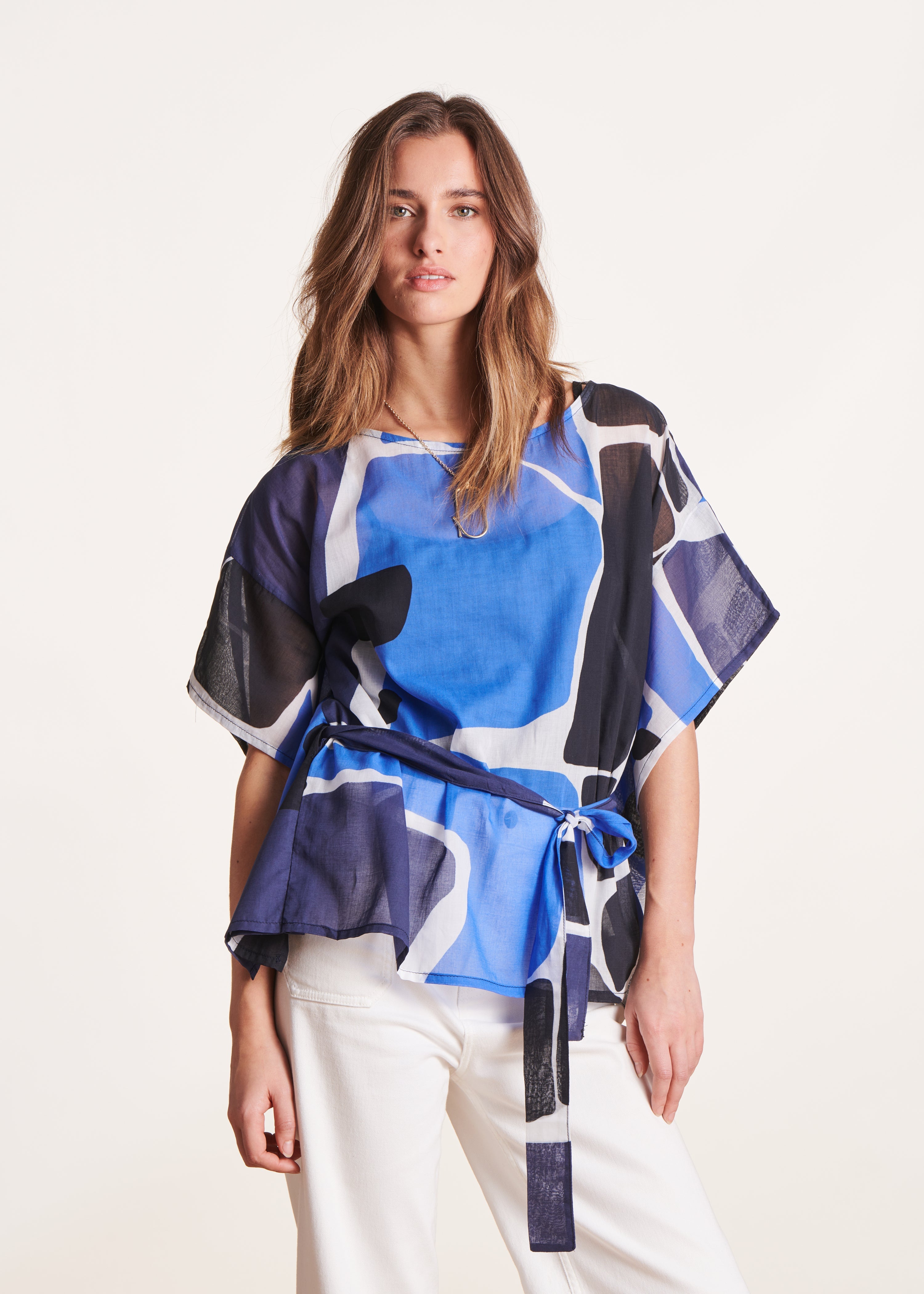 Top ample manches courtes en voile de coton imprimé bleu