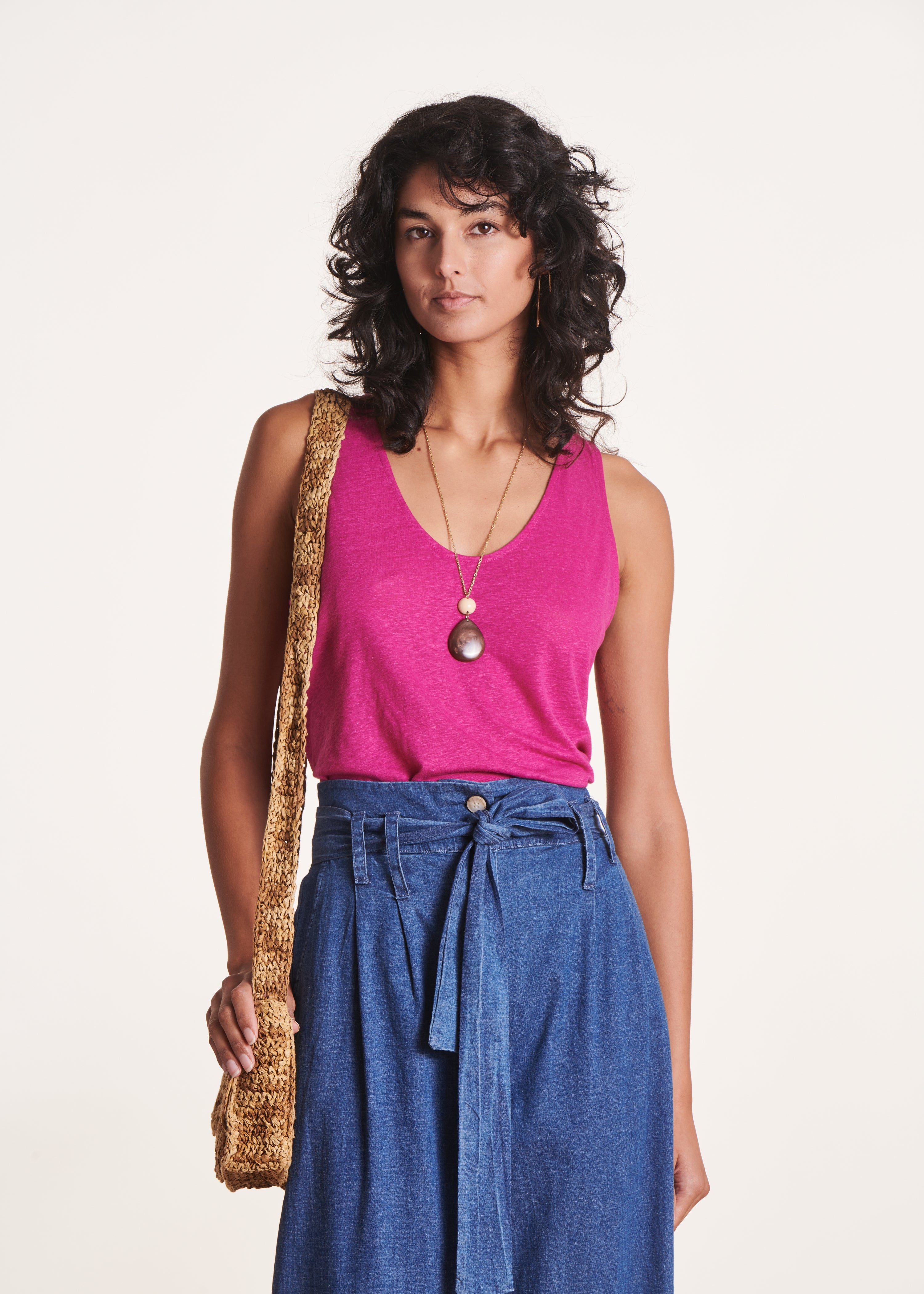 Débardeur rose col U en lyocell lin
