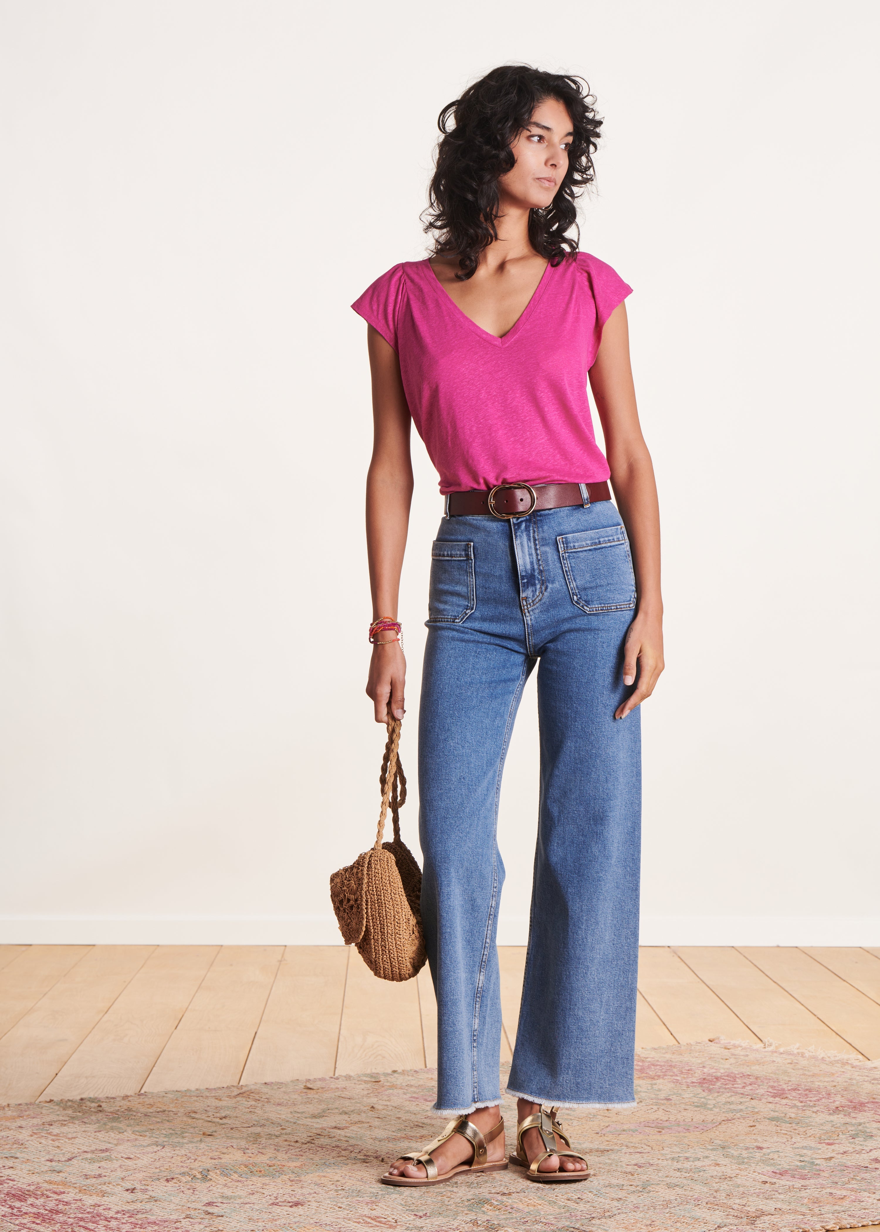 T-shirt ample rose manches courtes en lyocell lin