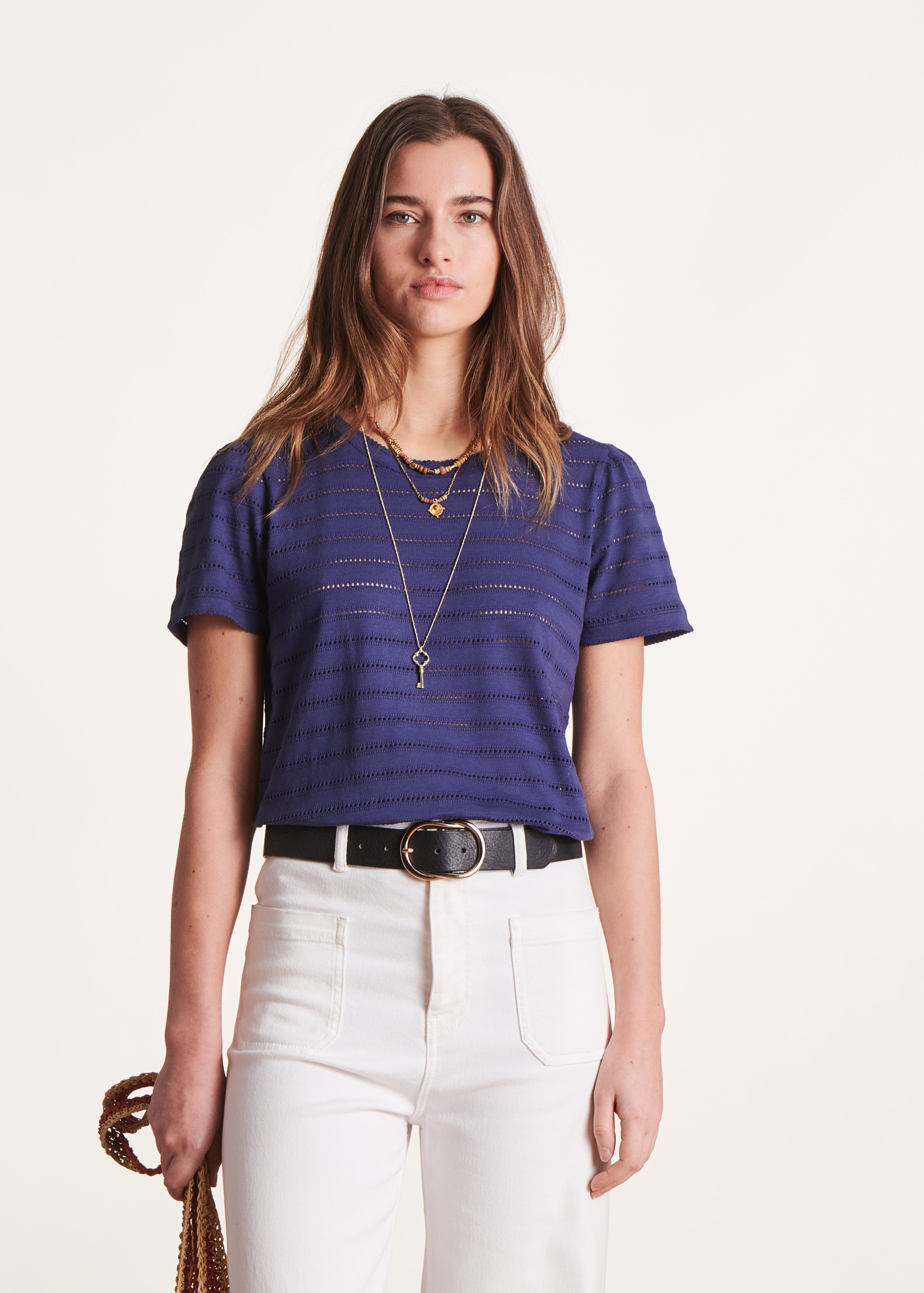 T-shirt bleu marine à rayures ajourées manches courtes