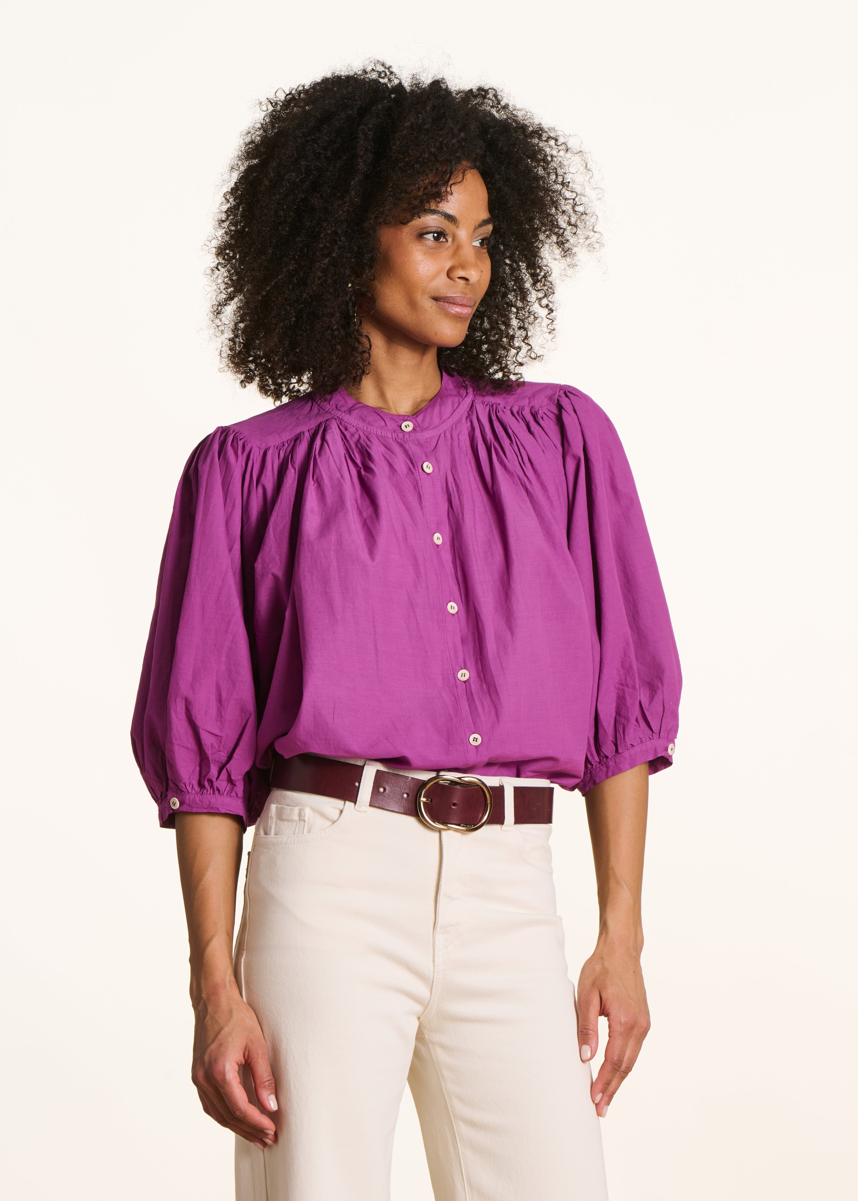 Chemisier rose fuchsia uni en coton manches 3/4