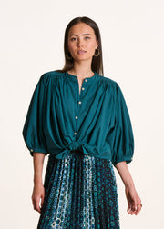 Chemisier bleu pétrole uni en coton manches 3/4