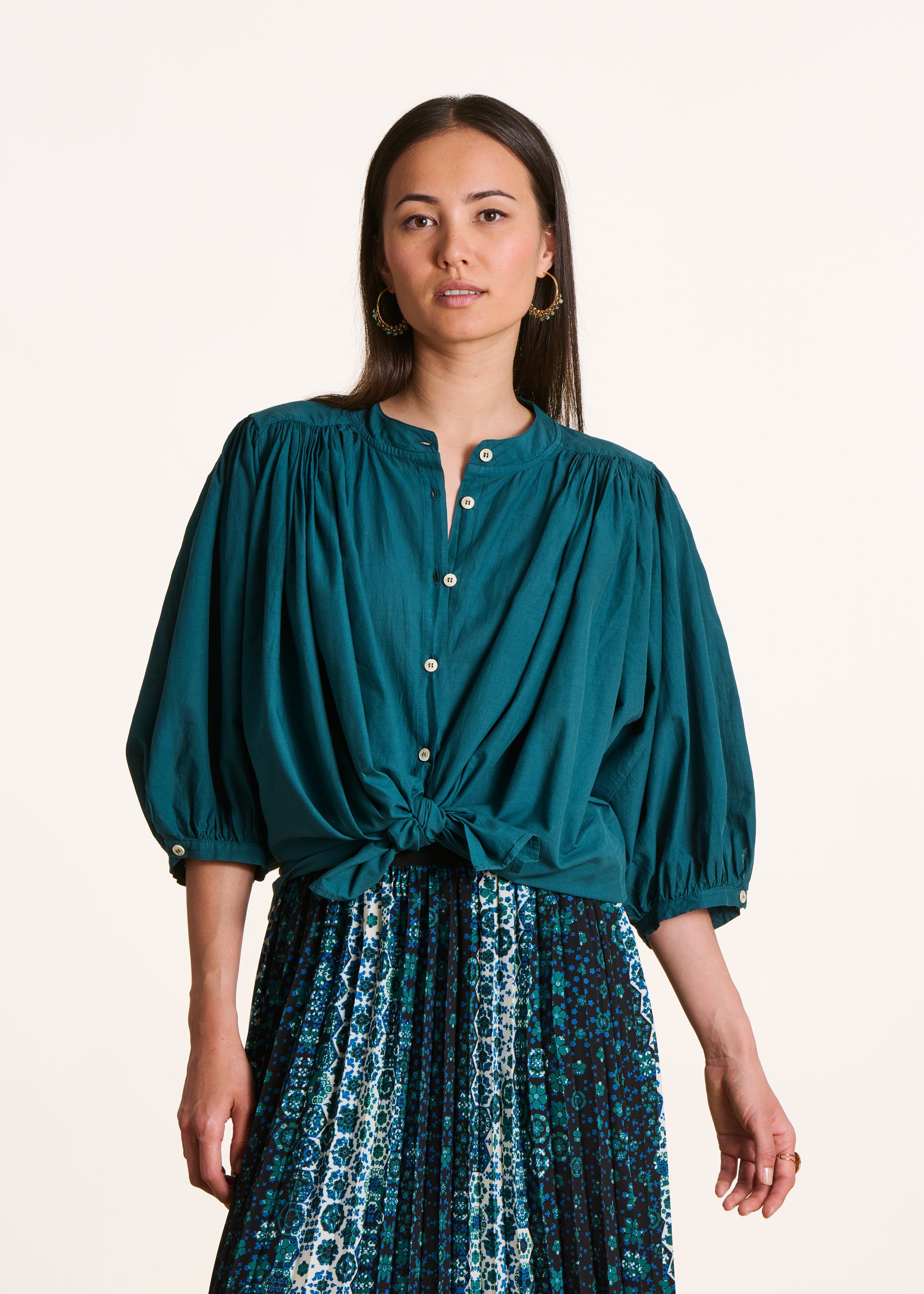 Chemisier bleu pétrole uni en coton manches 3/4