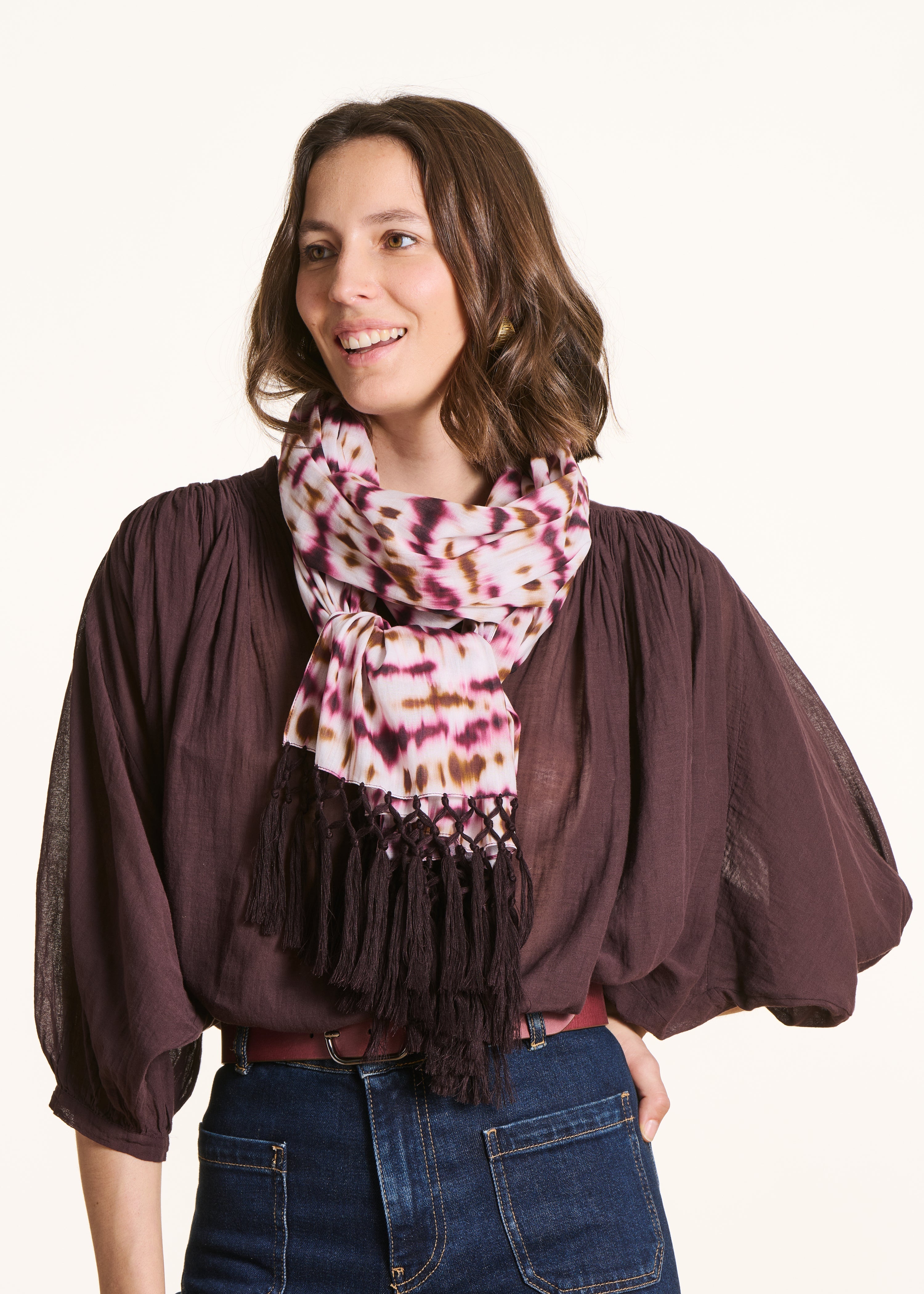 Foulard coton imprimé tie & dye bordeaux