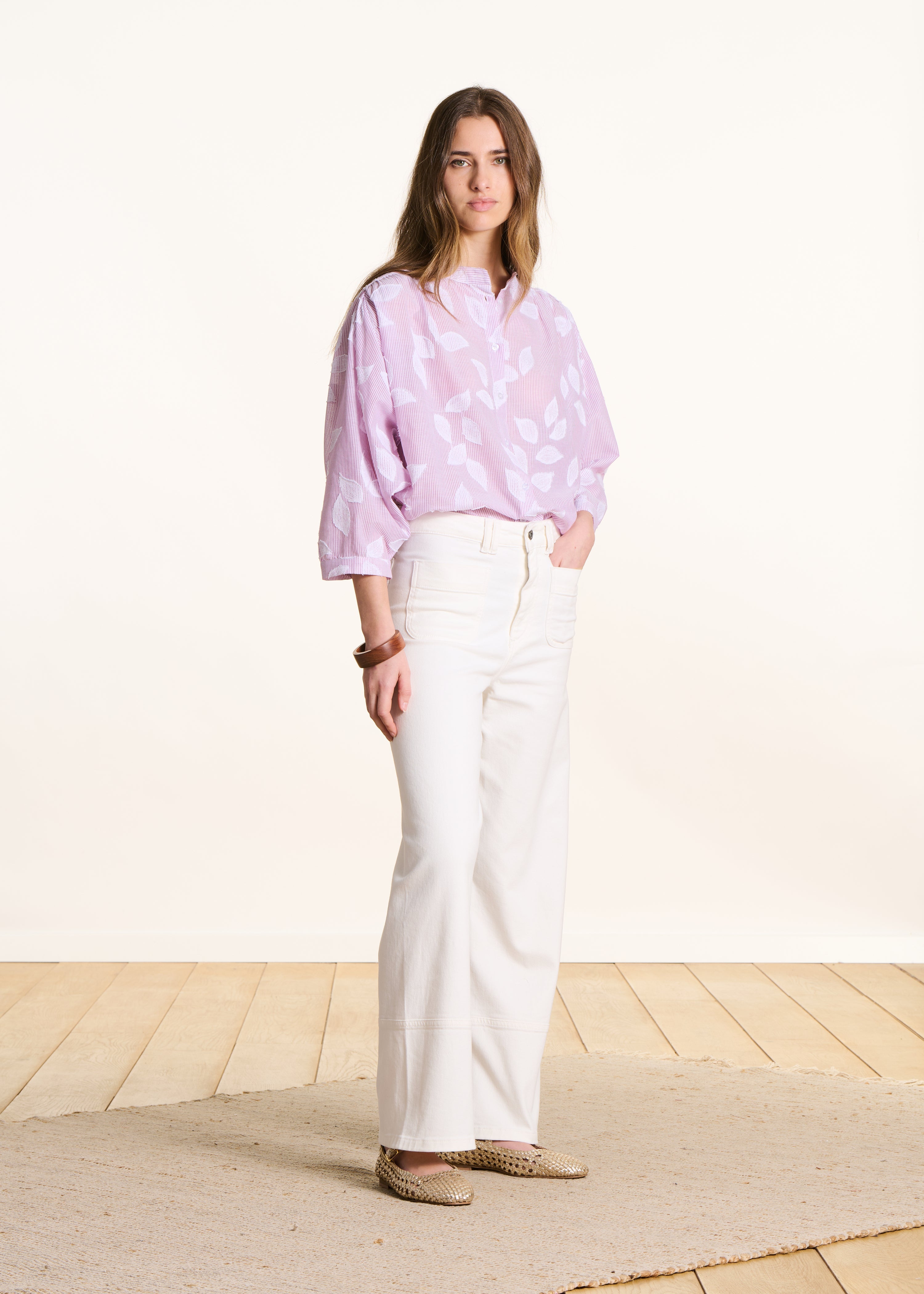 Chemisier rose en coton fleuri manches 3/4