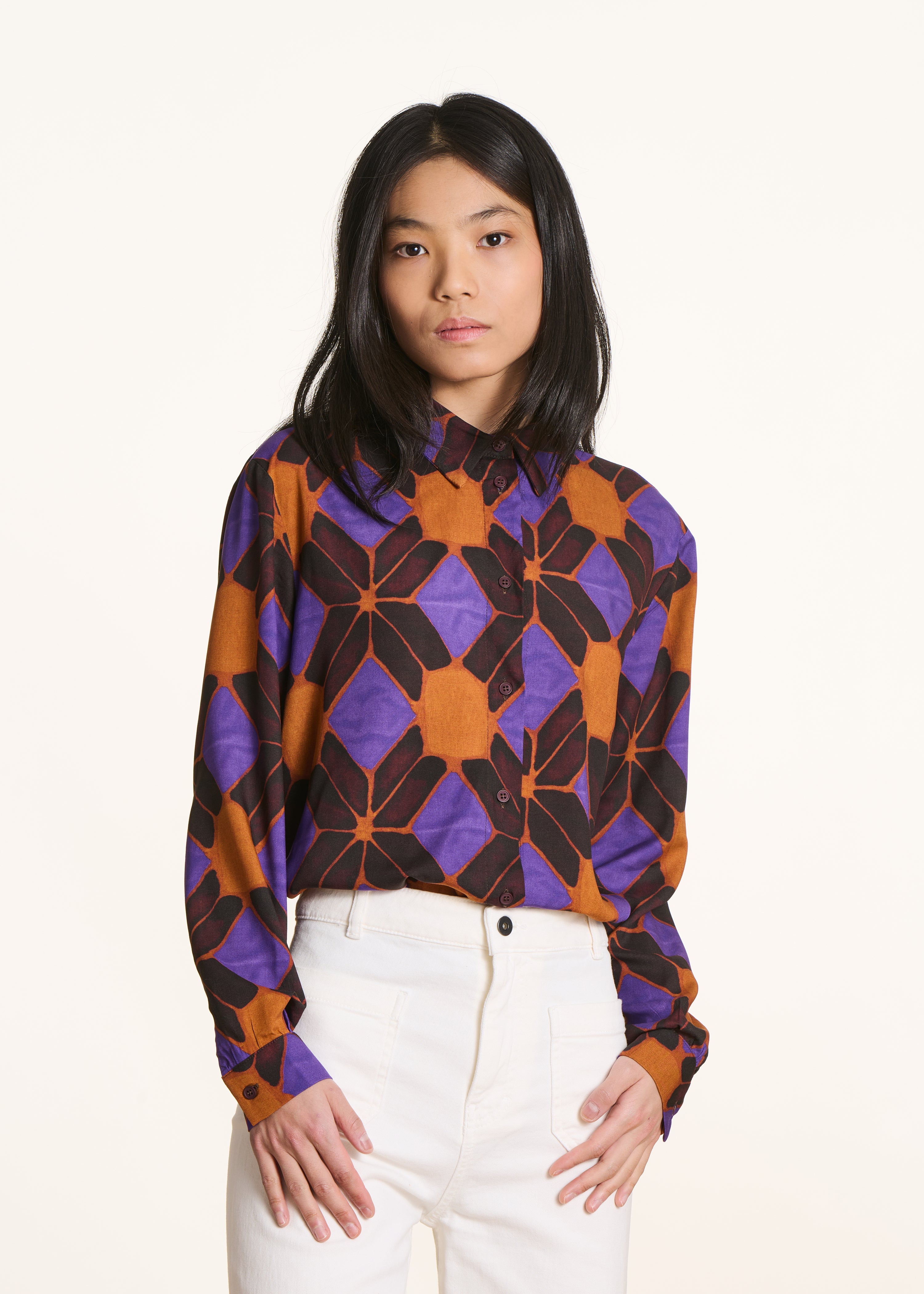 Chemise ample orange et violet à imprimé