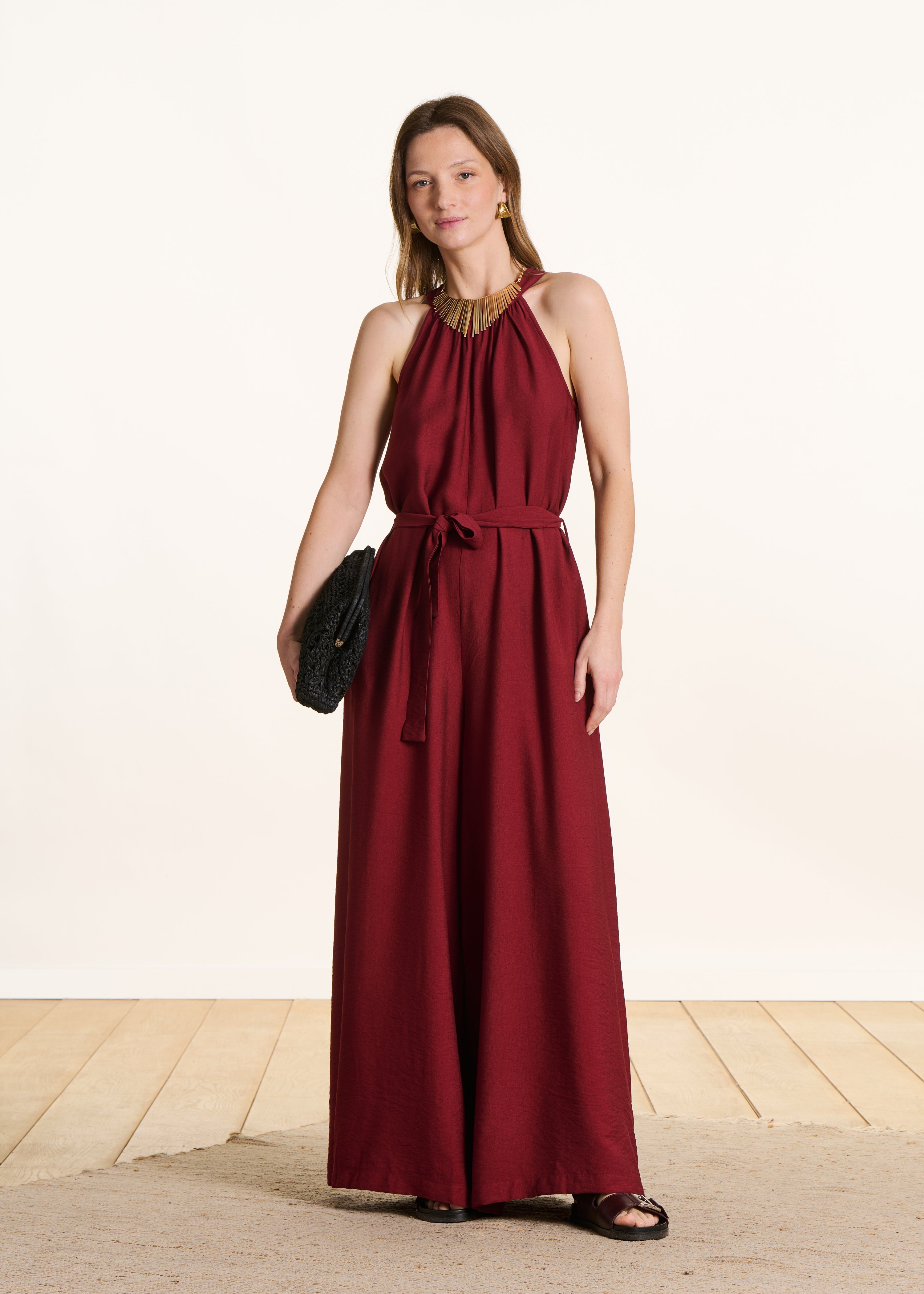 Combinaison longue fluide terracotta en jacquard