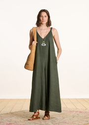 Combinaison kaki en lin à bretelles élastiques