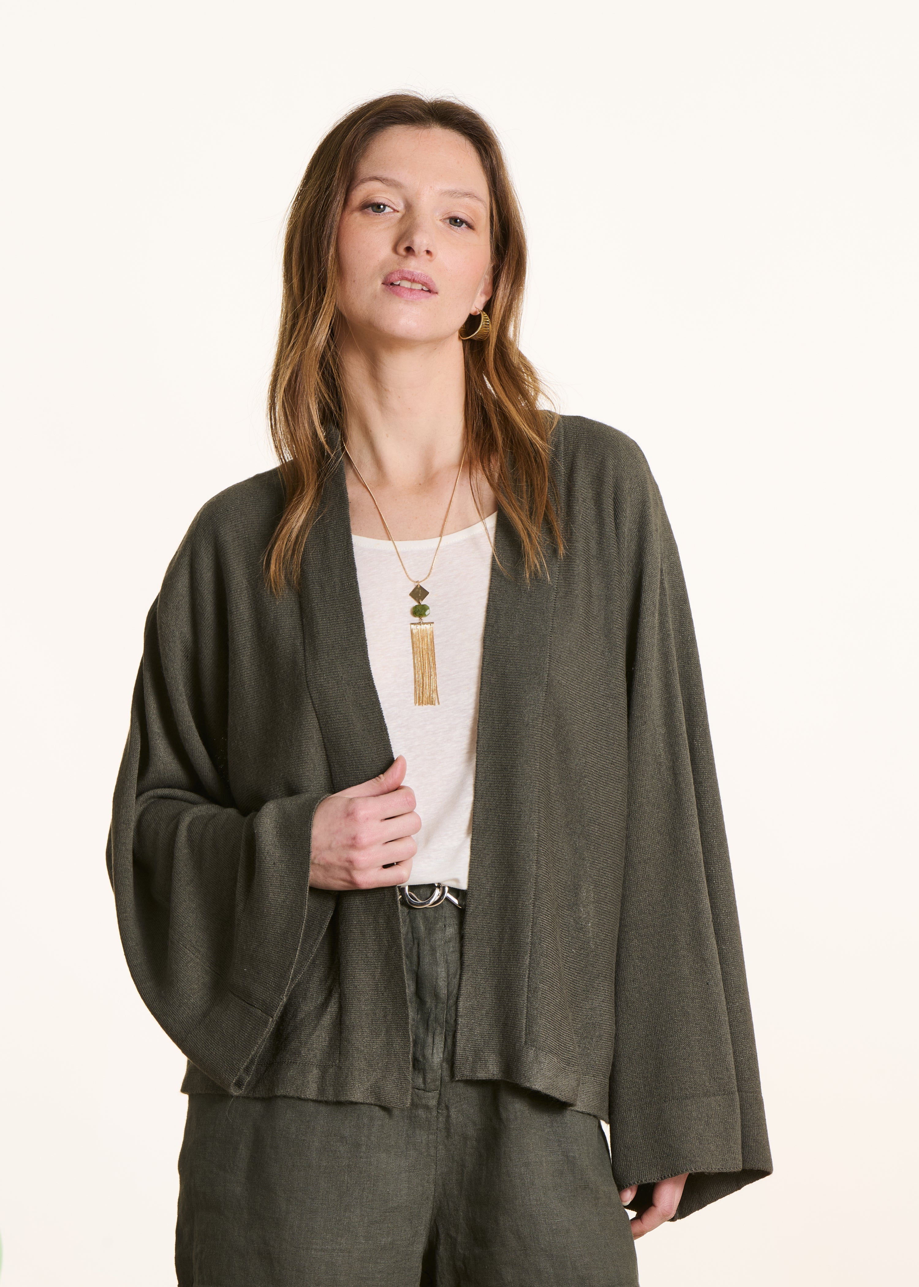 Gilet ouvert kaki ample maille souple