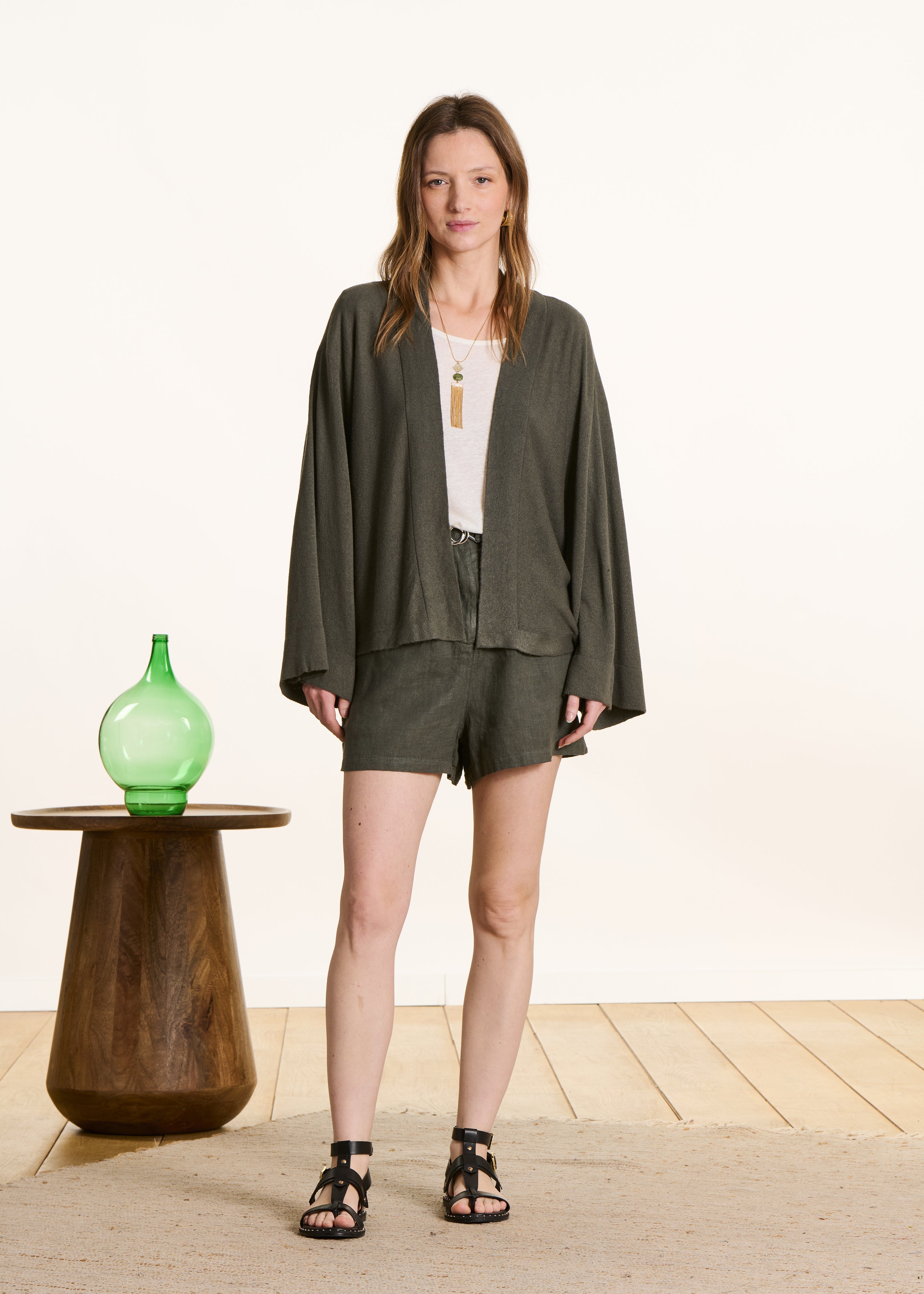 Gilet ouvert kaki ample maille souple