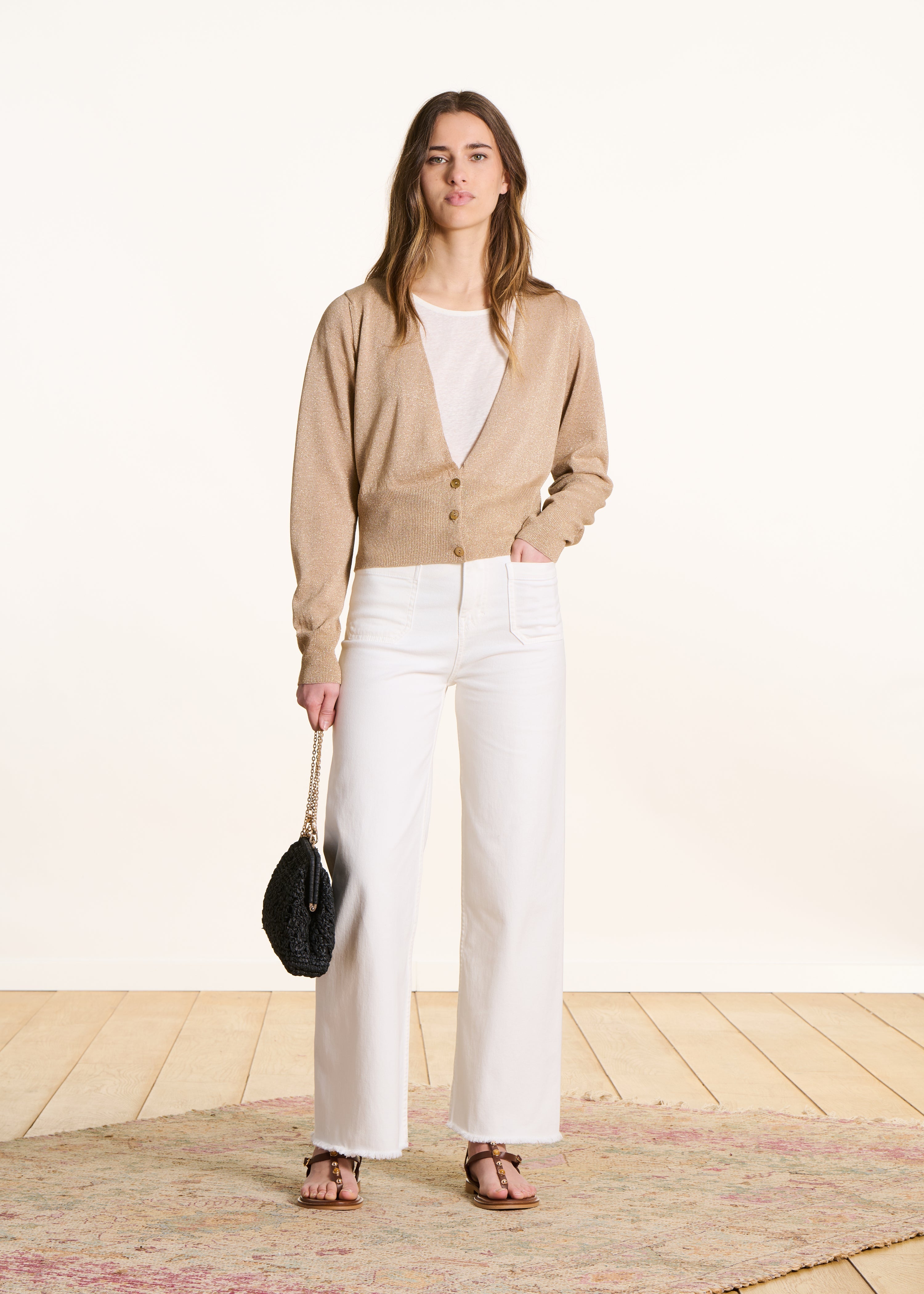 Gilet cintré beige en maille fine irisée beige