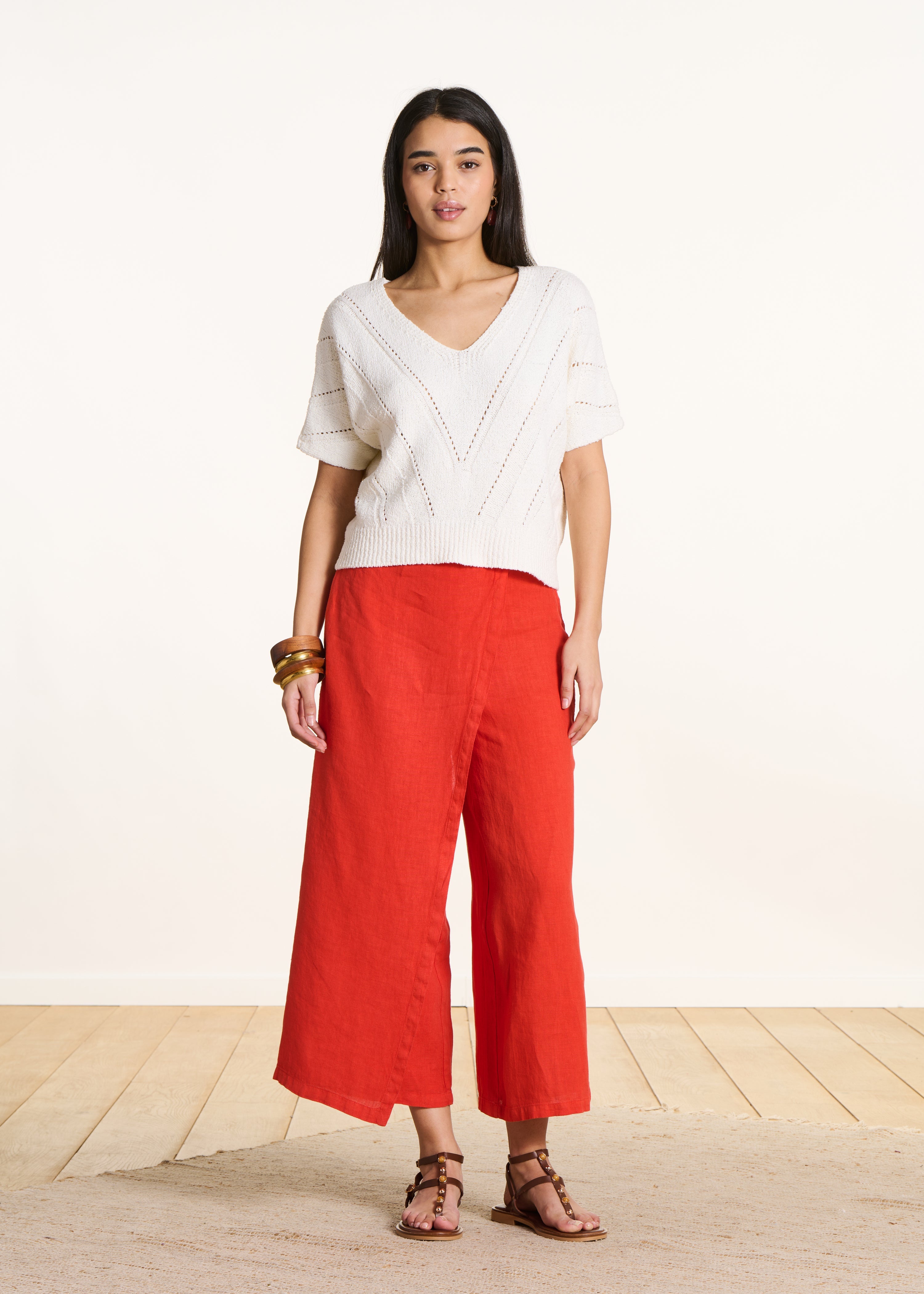 Pantalon large 7/8ème orange en lin avec pan