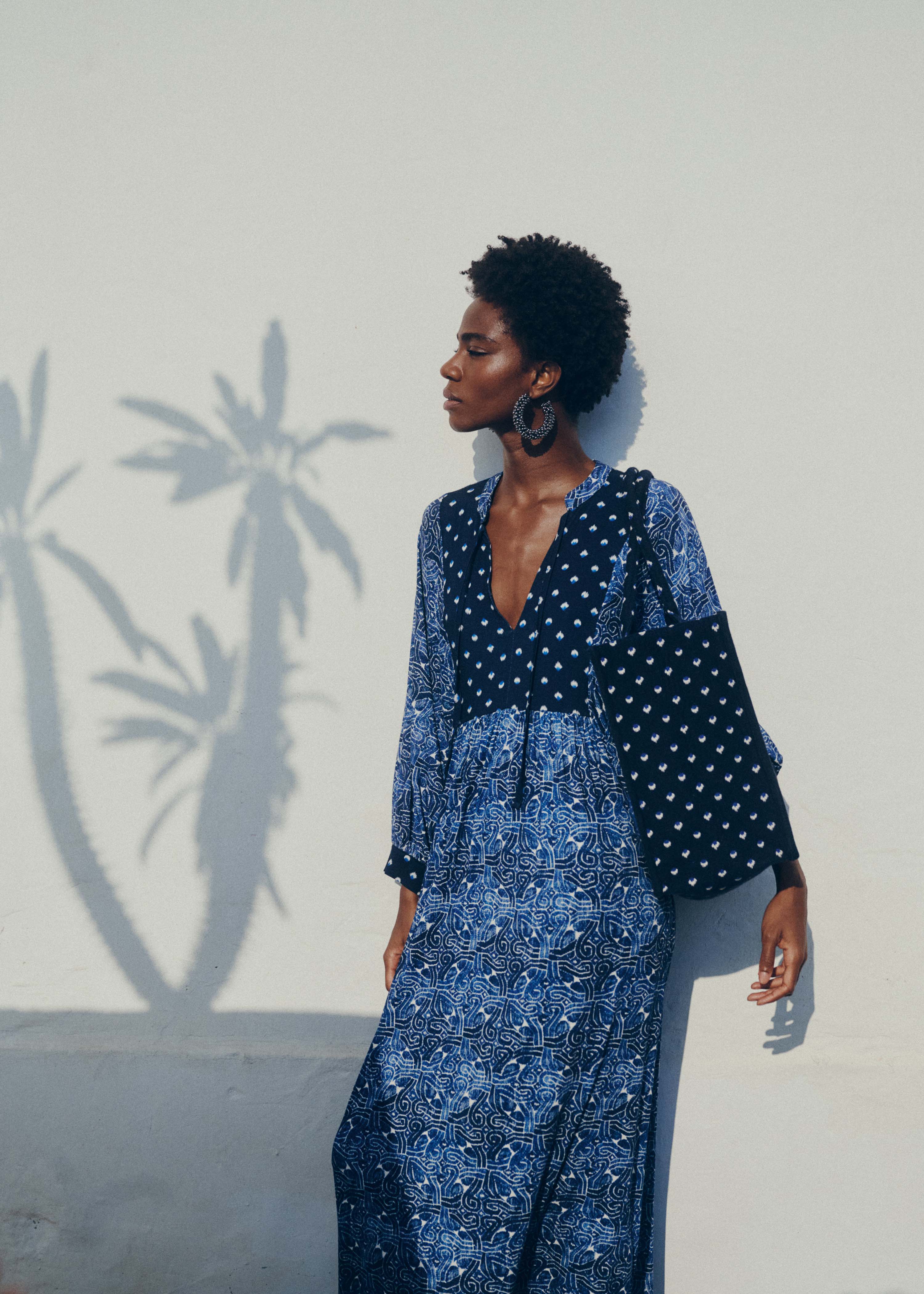 Robe longue bleue en jersey patchwork imprimés