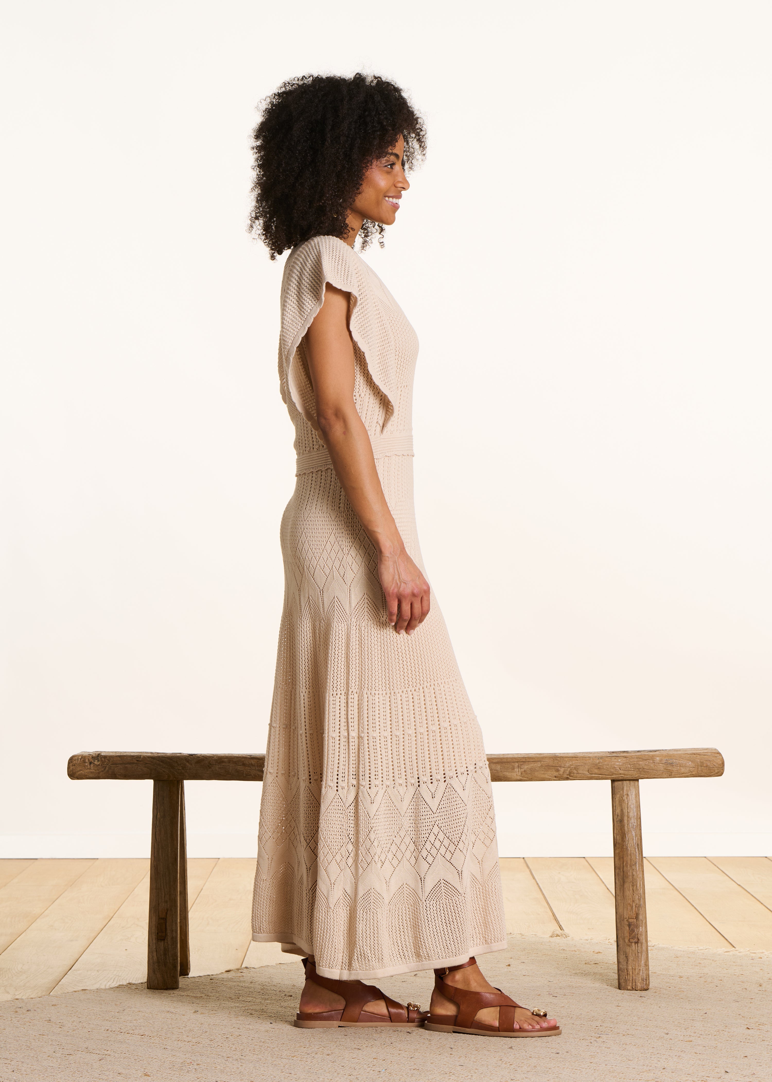 Robe longue beige en maille pointelle